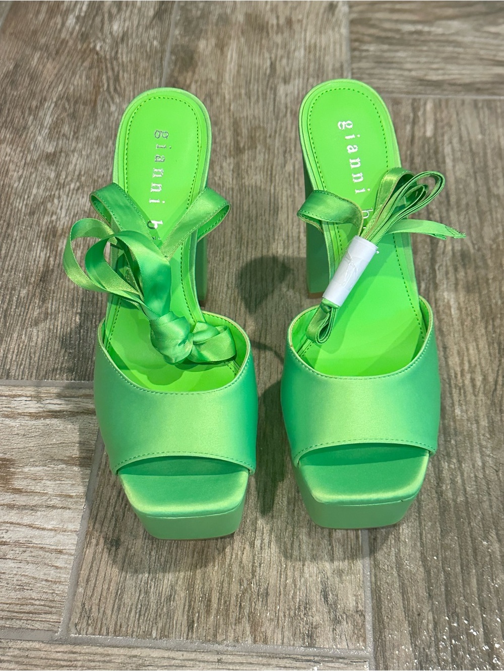 Gianni Bini Lime Green Satin Platform Slide Sandals with Ribbon Ties